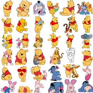 May include: A collection of cartoon illustrations featuring Winnie the Pooh and his friends. The characters are depicted in various poses and activities, including holding flowers, hugging, and carrying balloons. The color palette includes yellow, red, blue, and pink.