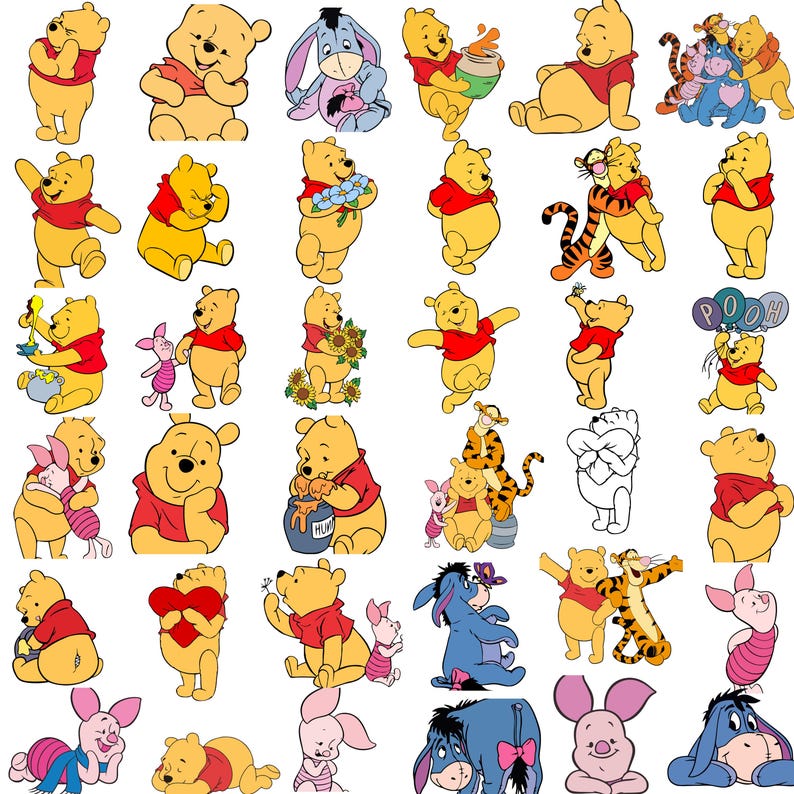 May include: A collection of cartoon illustrations featuring Winnie the Pooh and his friends. The characters are depicted in various poses and activities, including holding flowers, hugging, and carrying balloons. The color palette includes yellow, red, blue, and pink.