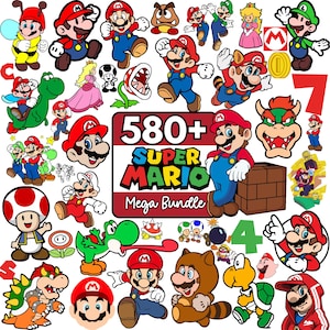 May include: A collection of Super Mario character graphics, including Mario, Luigi, Princess Peach, Yoshi, and Bowser. The image features the text "580+ SUPER MARIO Mega Bundle" in a red and blue design, along with the numbers 4 and 7.