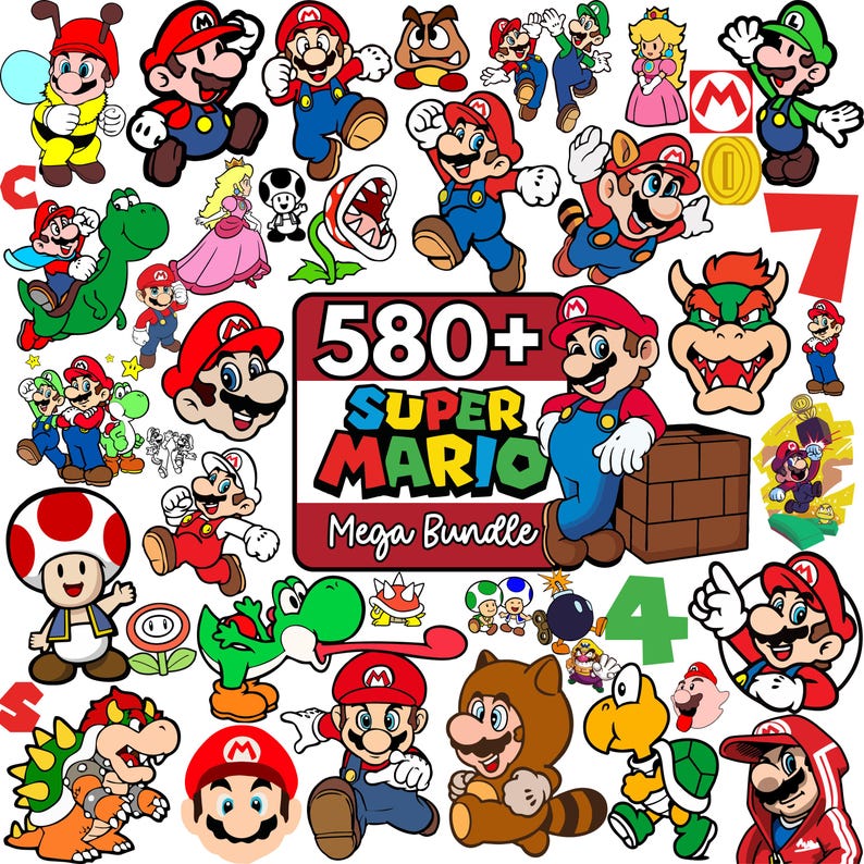 May include: A collection of Super Mario character graphics, including Mario, Luigi, Princess Peach, Yoshi, and Bowser. The image features the text "580+ SUPER MARIO Mega Bundle" in a red and blue design, along with the numbers 4 and 7.