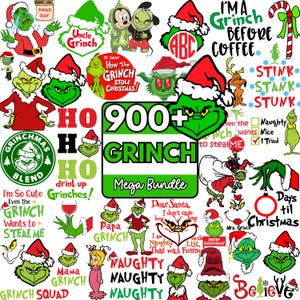 May include: A collection of Grinch-themed graphics and text elements. The image features various Grinch characters, text like "900+ Grinch Mega Bundle", "I'm a Grinch before coffee", and holiday-themed phrases. The color palette includes green, red, and white.