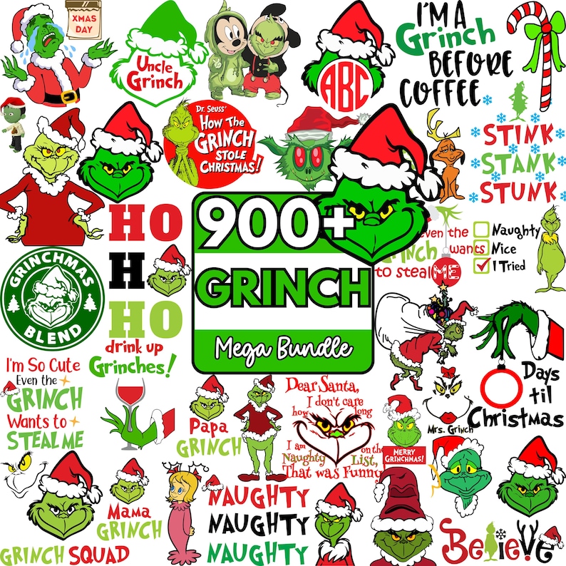 May include: A collection of Grinch-themed graphics and text elements. The image features various Grinch characters, text like "900+ Grinch Mega Bundle", "I'm a Grinch before coffee", and holiday-themed phrases. The color palette includes green, red, and white.