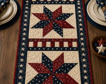 Vaterländischer Tischläufer, 4. Juli Dekor, Americana Quilt Tischdecke, Rot Weiß Blau Herzstück, Gedenktag Geschenk, Stern Tischdekoration
