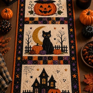 May include: A rectangular quilted table runner featuring three distinct Halloween-themed panels. The design includes a jack-o'-lantern wearing a witch hat, a black cat sitting before a crescent moon, and a haunted house with ghosts and a spiderweb.