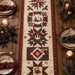 May include: A rectangular quilted table runner featuring a cream background with a red and green border. The design includes a compass star, a cabin in the snow, a holiday wreath with a bow, a shooting star, and a vintage record player motif.