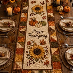 May include: A rectangular quilted table runner featuring a cream-colored center panel with sunflowers, pumpkins, and the text Happy Thanksgiving. The border consists of a patchwork pattern in shades of brown, orange, yellow, and green fabric.
