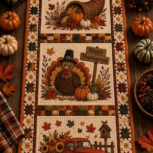 Thanksgiving Table Runner, Vintage Red Truck Fall Topper, Pilgrim Turkey Centerpiece, Cornucopia Autumn Decor, Give Thanks Holiday Gift
