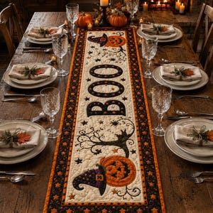 May include: A rectangular quilted table runner featuring a cream-colored center panel with the word BOO in black letters, decorated with orange jack-o'-lanterns wearing purple witch hats, black tree silhouettes, and small stars on a black border.