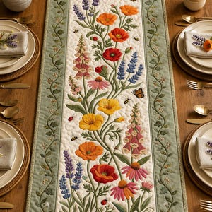 May include: A rectangular quilted table runner featuring an embroidered garden scene with vibrant orange, red, yellow, and pink flowers, purple lavender, green vines, bees, a butterfly, and ladybugs on a cream background with a sage green border.