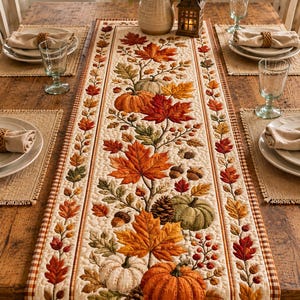 May include: A rectangular quilted table runner featuring an autumn-themed pattern of orange, green, and white pumpkins, brown pinecones, acorns, and vibrant red, orange, and yellow maple leaves on a cream background with a brown checkered border.