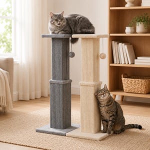 May include: Two vertical cat scratching posts with square bases and tops, one in dark gray and one in cream. Each post features a ribbed texture and a small hanging ball toy. A gray cat rests on the dark gray post, while a tabby cat rubs against the cream post.