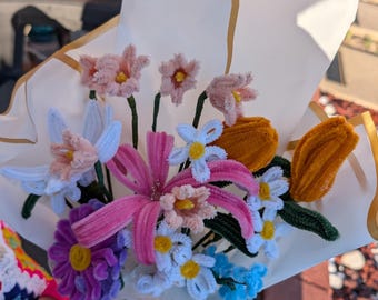 Pipe Cleaner Multicolor Handmade Flower Bouquet, Wedding, Anniversary, Birthday Everlasting Gift Dahlia Rose Tulip Daisy US seller Fast Ship