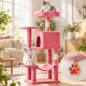 May include: A multi-level pink cat tree with plush platforms, a central cubby, and sisal-wrapped scratching posts. A white and grey cat sits on the top level, while a fluffy white cat with a red glittery paw print collar tag sits below.