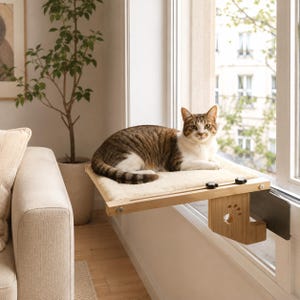 May include: A light brown wooden cat window perch with a soft cream-colored fabric cushion. The perch features a cutout paw print design on the side support bracket and is secured to the window frame with black knobs and a metal mounting plate.