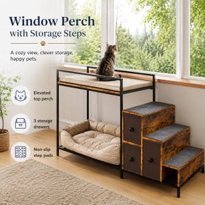 May include: A window perch with storage steps featuring a black metal frame, a beige cushioned top platform, a lower beige pet bed, and three dark brown storage drawers with black knobs. The steps include non-slip gray pads for pet access.