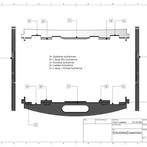Peut inclure: Dessin technique d'un SchublabeZusammen, un composant avec plusieurs sections étiquetées. Le dessin comprend des dimensions et des étiquettes pour Systainer, L Boxx Mini, Eurobox, metabo et L Boxx Einhell. Le dessin est en noir et blanc.