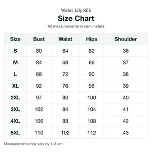 May include: A Water Lily Silk size chart table with black text on a white background. It lists sizes from S to 5XL with corresponding bust, waist, hips, and shoulder measurements in centimeters. A note states measurements may vary by 1-3 cm.