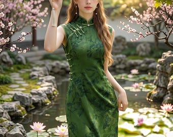 Moss Green Floral Jacquard Qipao Dress | Neo-Chinese Cheongsam, Modern Oriental Dress, Elegant Evening / Daily Wear