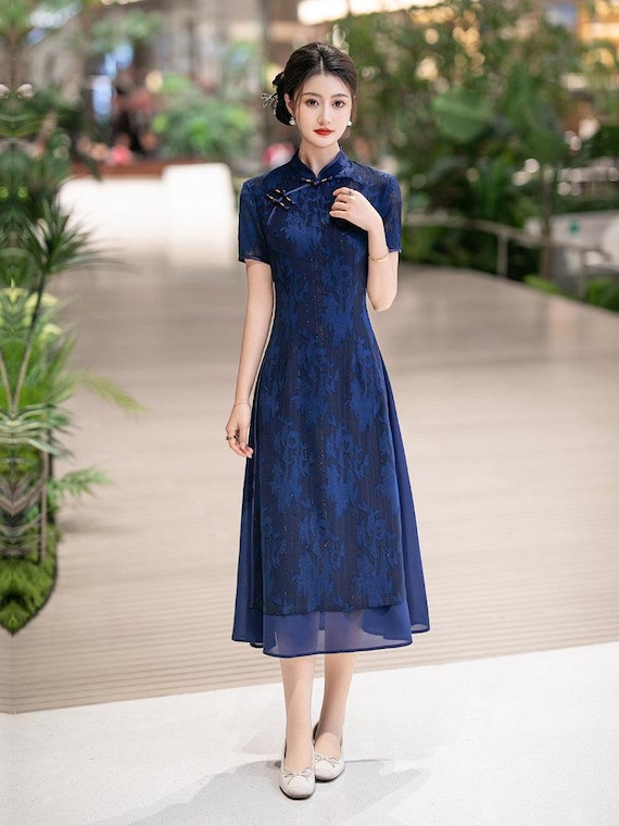 a line qipao dress Blue Floral | Neo-chinese Cheongsam, Soft A-line Midi Dress, Airy Sheer Overlay, Garden & Daywear Color:Polka Dots-Black Traditional Qipao with modern Enrich:JUL272026 Wedding Guest Dresses |