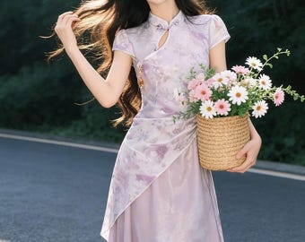 Lilac Floral Asymmetric Maxi Qipao Dress | Neo-Chinese Cheongsam, Elegant Summer Dress, Garden Party & Daily Wear