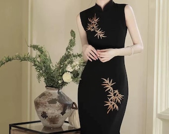 Midnight Bamboo Embroidered Cheongsam Dress | Sleek Black Qipao, Modern New Chinese Style