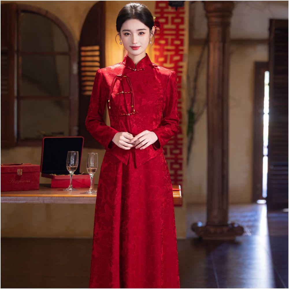 knee length dresses for ladies Phoenix & Floral Embroidery Long Sleeve Cheongsam Top Chinese Prom Dress Burgundy / Xs main image 1