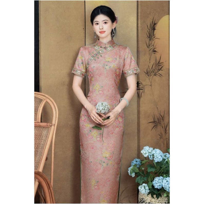 Blush Floral Frog-Button Qipao Dress | Neo-Chinese Cheongsam, Elegant Evening Dress, Garden Party, Wedding Guest