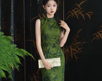 Emerald & Teal Floral Qipao Dress | Neo-Chinese Cheongsam, Modern Oriental Dress, Elegant Evening / Daily Wear