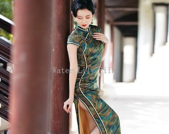 Teal Mulberry Silk Bamboo Leaf Qipao Dress | Neo-Chinese Cheongsam, Elegant Modern Oriental Dress, Elegant Evening / Daily Wear