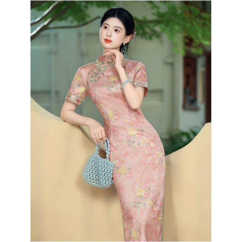 Pink cheongsam dress long style suitable for middle aged mothers 2026 new style new Chinese style youthful style pink modified pink image 2