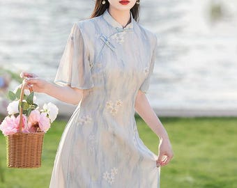 Light Blue Floral Cheongsam Dress – Neo-Oriental Midi Qipao, Elegant Summer Garden Party Dress