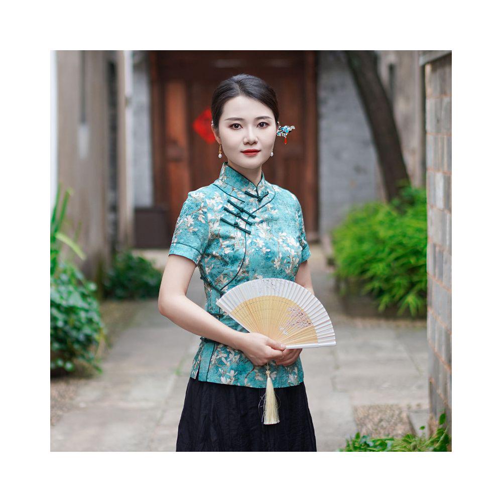 Neo-Oriental Floral Blouse - Modern Chinese Style Top for Elegant Everyday Wear Water Lily Silk