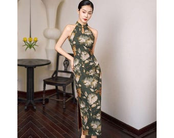 Olive Floral Halter Midi Qipao Dress | Neo-Chinese Cheongsam, Modern Evening Dress, Sleeveless Halter, Elegant Daily Wear