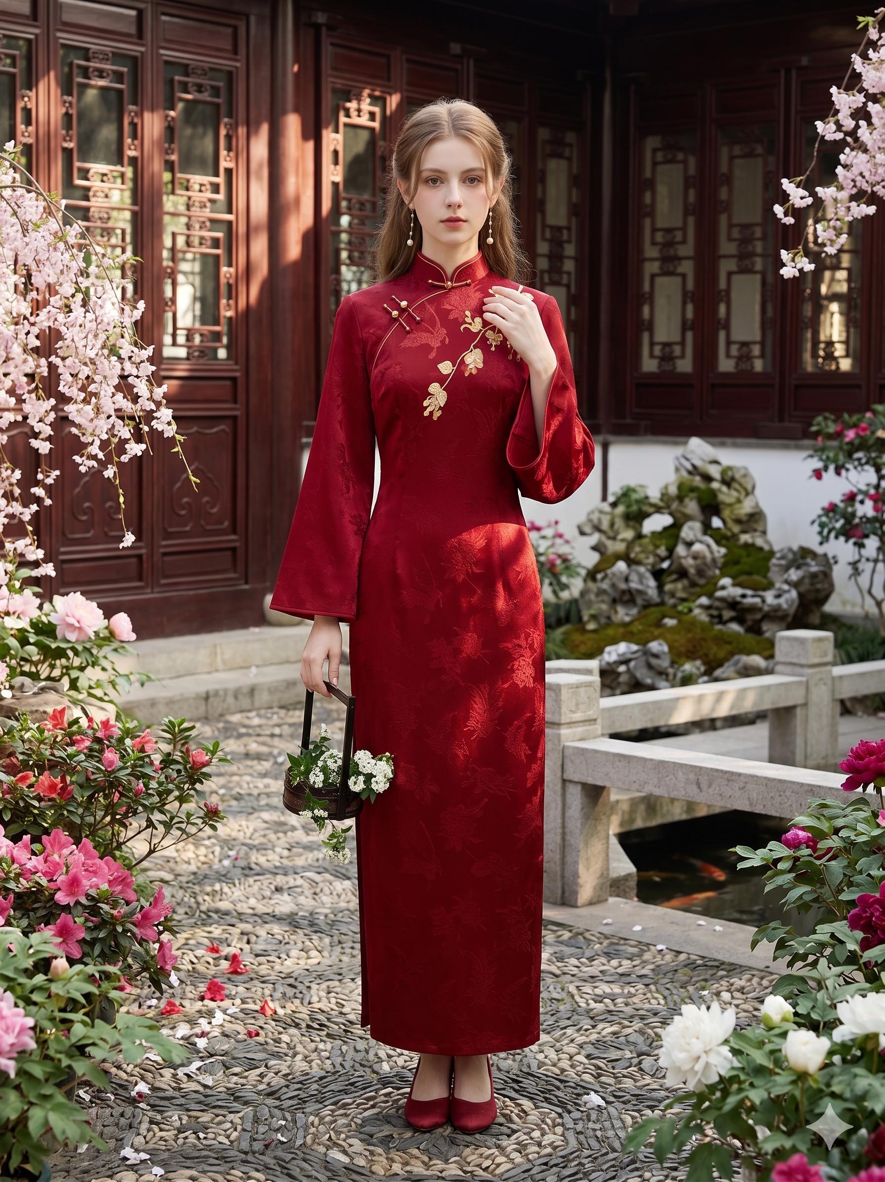 open lace back dress Red Long-Sleeved Qipao main image 1