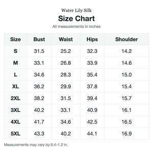 May include: A Water Lily Silk size chart table with black text on a white background. The chart lists sizes from S to 5XL with corresponding bust, waist, hips, and shoulder measurements in inches. A note states measurements may vary by 0.4-1.2 in.
