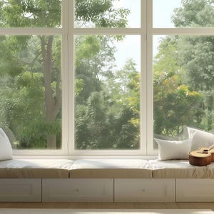 Virtual Background: Window Garden Bookshelf Guitar (Instant Download)