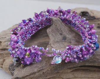 RETRO Multi Color PINK-PURPLE Glass Bead Braided Handmade Bracelet Size 7''