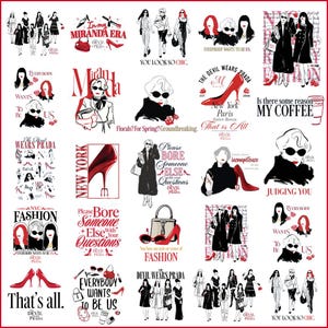 Puede incluir: Una colección de pegatinas con temática de moda que presenta ilustraciones de mujeres, tacones altos y bolsos. Los diseños incorporan colores rojo, negro y blanco, con frases como "El diablo viste de Prada" y "Todos quieren ser nosotros."