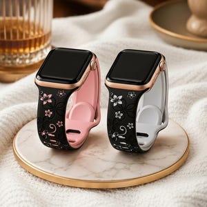 Correa de reloj con grabado floral compatible con Apple Watch Series 11 10 9 8 SE Ultra 2, correa deportiva de silicona de 49 mm y 45 mm. Regalo para ella.
