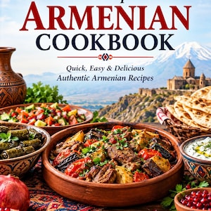 May include: A cookbook titled The Complete Armenian Cookbook with the subtitle Quick, Easy & Delicious Authentic Armenian Recipes. The cover features a spread of traditional dishes including meat, vegetables, pomegranate, and flatbread.