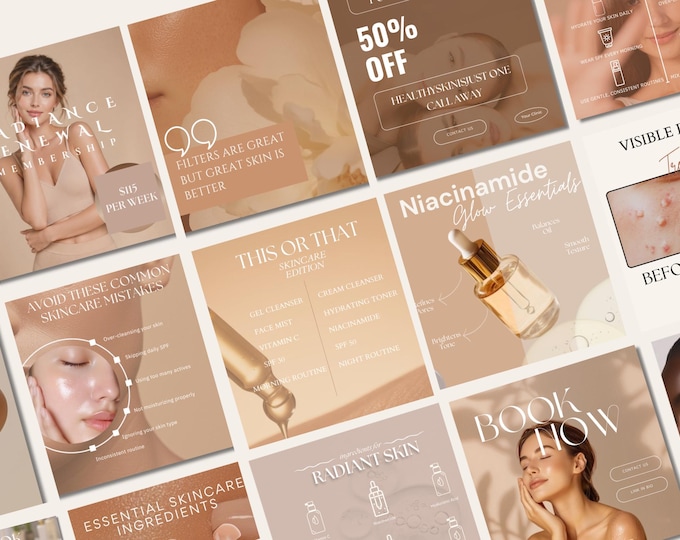 Esthetician Instagram Templates | 40 Skincare Posts + Captions | Canva Editable Content Kit