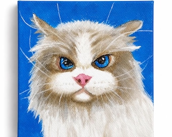 Mini lienzo de gato enojado pintado a mano: arte de pared único con diseño de gato, decoración de escritorio, regalo para amantes de las mascotas, decoración del hogar hecha a mano.
