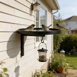 Vogeltränke mit Futterhäuschen im Freien, hängende Vogelfutterspender aus Metall, an der Wand befestigte Vogeltränkeschale, Garten-Terrasse-Yard-Vogelfutterstation