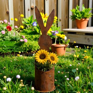 Rust Bunny Planter Outdoor Garden Decor, Metal Rabbit Flower Pot, Rustic Yard Ornament, Patio Lawn Decoration, Farmhouse Garden Gift