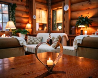 Heart Candle Holder Hanging Decor, Metal Garden Lantern, Outdoor Patio Ornament, Rustic Yard Hanging Candle Holder, Romantic Garden Decor