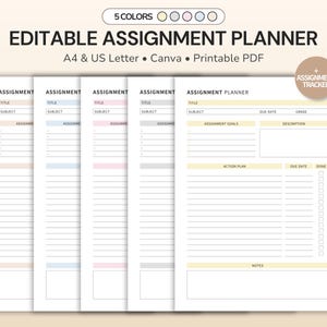 Puede incluir: Cinco hojas de planificador de tareas editables en amarillo, azul, rosa, gris y melocotón. Cada página incluye secciones para título, materia, fecha de entrega, calificación, objetivos, descripción, plan de acción y notas con lista.