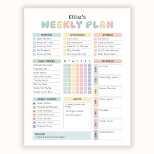 Tabella settimanale delle faccende domestiche per bambini / Pianificatore della routine giornaliera / Responsabilità dei bambini / Modello Canva modificabile / PDF stampabile