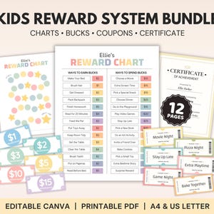 Editable Kids Reward Bundle, Chore Chart, Allowance Bucks, Coupons (Printable PDF)