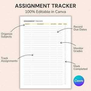 Homework Planner printable with assignment tracker, study organizer, and academic planner editable in Canva for students and homeschool learners.