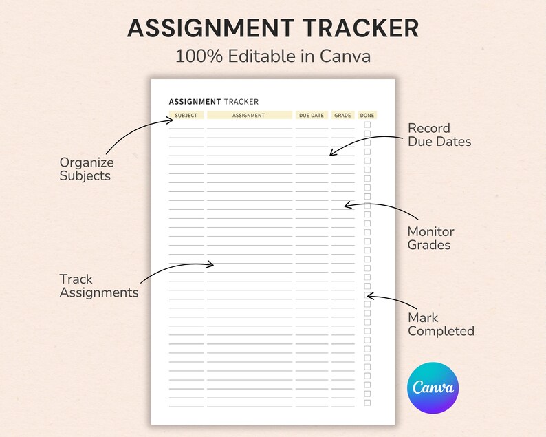 Homework Planner printable with assignment tracker, study organizer, and academic planner editable in Canva for students and homeschool learners.